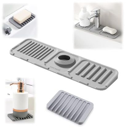 Faucet Mat for Kitchen Sink,Bathroom Kitchen Sink Splash Guard Silicone,5° Slope Type Design Sink Mat,Sponge Holder and Bathroom Countertop Protect(Include 1pcs Extra Storage mat)