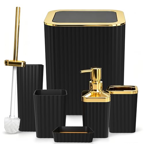 Bathroom Accessory Set, 6-Pcs Golden Black | Trash Can, Soap Dispenser, Toothbrush Holder & Cup, Soap Dish, Toilet Brush - color: Golden Black
