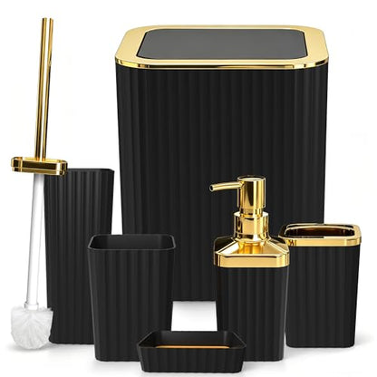 Bathroom Accessory Set, 6-Pcs Golden Black | Trash Can, Soap Dispenser, Toothbrush Holder & Cup, Soap Dish, Toilet Brush - color: Golden Black