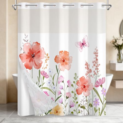 No Hook Shower Curtain with Snap in Liner, Double Layer Waterproof Bathroom Shower Curtain with Mesh Top Window and Weighted Hem, Machine Washable Farmhouse Floral Bath Curtain, 71" W x 74" L - color: Pastel Watercolor Floral