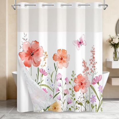 No Hook Shower Curtain with Snap in Liner, Double Layer Waterproof Bathroom Shower Curtain with Mesh Top Window and Weighted Hem, Machine Washable Farmhouse Floral Bath Curtain, 71" W x 74" L - color: Pastel Watercolor Floral