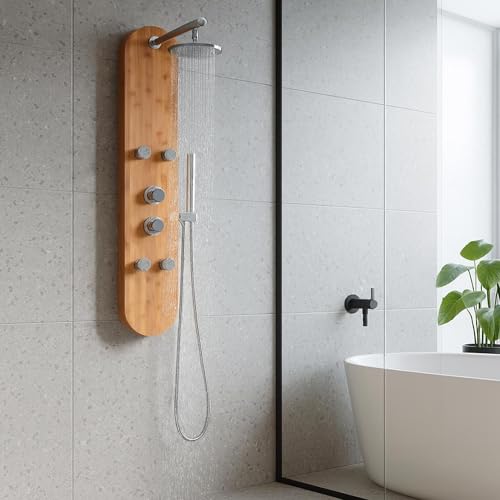ANZZI 52" Shower Panel, Crane Series, Full Body Shower Panel With Heavy | Equipped With Four Acu Stream Jets That Deliver A Powerful, Dual Chrome Finish Controls, Massage Experience - color: Bamboo, style: 4 Jets