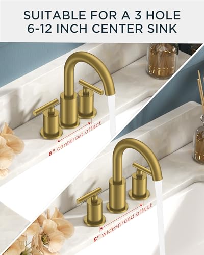 FORIOUS 8 Inch Brushed Gold Bathroom Faucet 3 Hole, Widespread Gold Faucet | Widespread Gold Sink Faucet Bathroom with 360° Swivel Spout, 2 Handle Gold Vanity Faucet 3 Holes with Water Saving Aerator - color: Brushed Gold, style: Modern