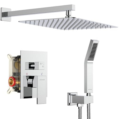 SR SUN RISE SRSH-D1203 12 Inches Bathroom Luxury Rain Mixer Shower Combo Set Wall Mounted Rainfall Shower Head System Polished Chrome Shower Faucet Rough-in Valve Body and Trim Included - color: Polished Chrome, size: 12 Inch