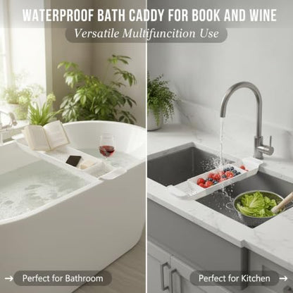 Expandable Bathtub Caddy, Multifunction Bath Tray with Secure Grips for Tub Edge, a Bathtub Organizer Rack with Dedicated Book Wine Phone Holder Bathtub (White) - color: White