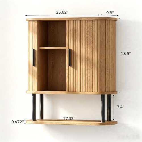 Fluted Bathroom Wall Cabinet, Wall Mounted Medicine Cabinet with Sliding Tambour Door & Adjustable Shelf, 3-Tier Over the Toilet Storage Cabinet for Laundry Room, Kitchen, Natural - color: Natural