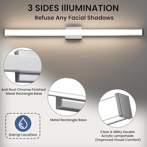 Modern LED Bathroom Vanity Light 48 inch 32W Dimmable 3CCT Bathroom Light Fixture Over Mirror Rectangle Bath Vanity Light Bar with Double Layer Acrylic Shade (Chrome) - color: Chrome, size: 48 inch