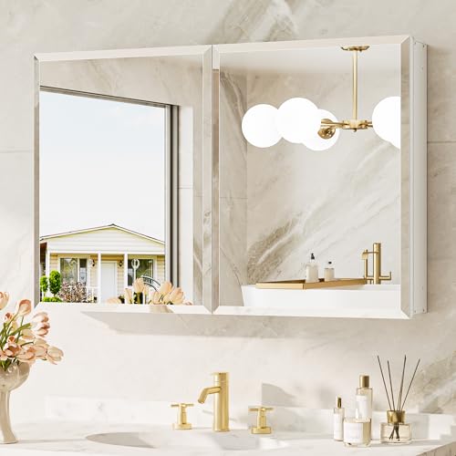 TokeShimi 36 x 24 Medicine Cabinet for Bathroom with Mirror, Assembly Required, Wall Mounted Medicine Cabinet with Tempered Beveled Mirror, Stepless Adjustable Shelves, DTC Hinge - color: White, size: 36x24 in