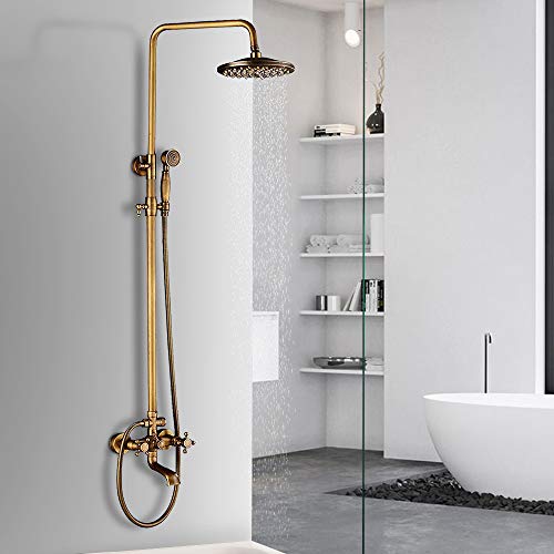 NeierThodore Antique Brass 8-Inch Bathroom Shower Faucet System Rainfall Shower Head Wall-Mounted Dual Cross Handle Bathtub Shower Mixer Tap with Hand Sprayer - color: Antique Brass, size: 8 Inch 3 Modes