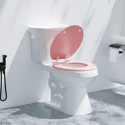 Round Slow Close Wood Toilet Seat, Heavy Duty Pink Toilet Seat with Baked Enamel Finish, Support 400 lbs, Soft Close Toilet Lid with Zinc Alloy Hinges, Grip-Tight Bumpers, Easy Clean & Quick Assembly - color: Pink, size: Round Slow Close