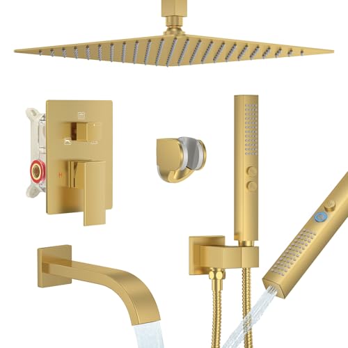 Brushed Gold Shower System with Tub Spout, Ceiling Mounted Bathtub Shower Faucet Set, 12" Rainfall Shower Head and Handheld Shower Combo, High Pressure Shower Fixtures Set with Rough-in Valve - color: Brushed Gold, style: 12" Ceiling Mounted Shower System