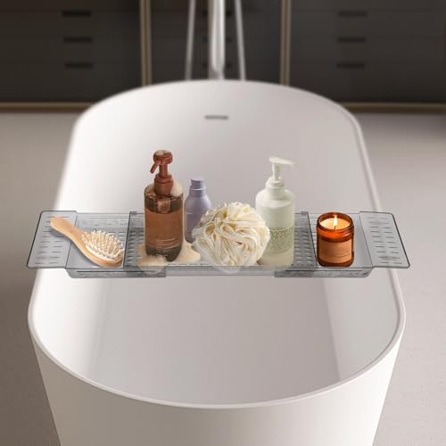 Bathtub Caddy Tray, Expandable Bath Shelf with Book and Wine Holder, Clear Gray Acrylic Bathtub Tray for Bathroom, 22.24-31.5 Inch Adjustable