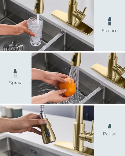 FORIOUS Kitchen Faucet with Soap Dispenser, Pull Down Sprayer, Brushed Gold | High Arc Single Handle, Lead-Free Stainless Steel, 3 mode Sprayer, Classic Bar Sink Faucet for Outdoor Rv Laundry Camper - color: Gold, style: Classic