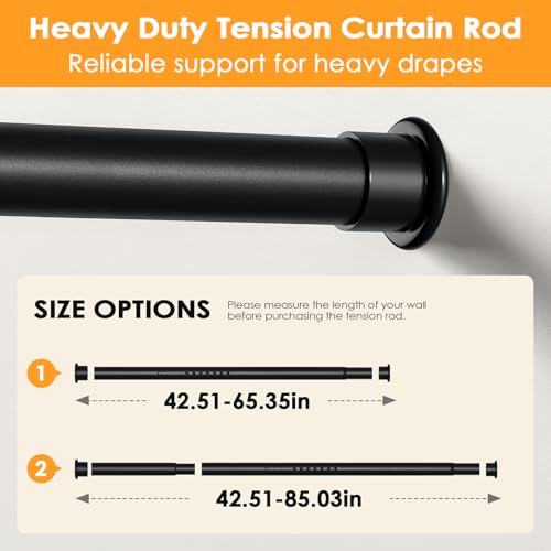 Tension Curtain Rod 43-85 Inches Extra Long Black Heavy Duty | Tension Rods Adjustable Curtain Rod No Drilling Spring Loaded Tension Rod for Windows Patio Curtains and Non Slip - color: Black, size: 43 to 85 inches