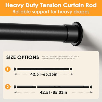 Tension Curtain Rod 43-85 Inches Extra Long Black Heavy Duty | Tension Rods Adjustable Curtain Rod No Drilling Spring Loaded Tension Rod for Windows Patio Curtains and Non Slip - color: Black, size: 43 to 85 inches