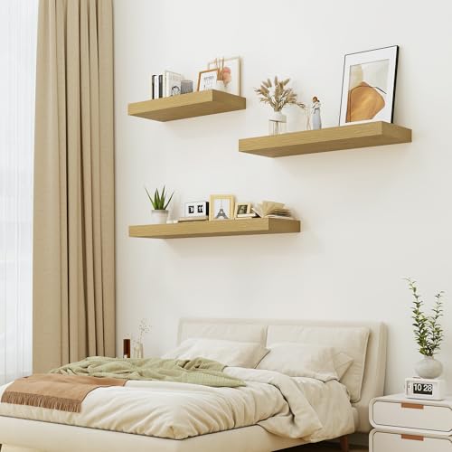 Heimlove 12" Deep Oak Floating Shelves,Over Toilet Long Wall Mounted Modern Farmhouse 36 inches,Wall Shelves with Invisible Brackets for Bedroom, Bathroom, Living Room, Kitchen, Set of 1 - color: Oak, size: 35.4"W x 11.6"D x 2"H, 1 Pack
