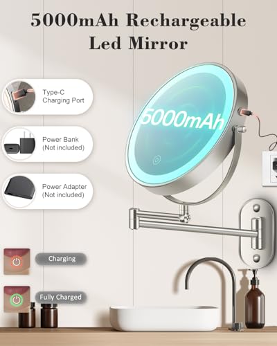 20X 9" Wall Mounted Magnifying Makeup Mirror with Light Height Adjustable | 5000mAh Double Sided Rechargeable LED Lighted Vanity Mirror with Magnification 3 Color Light up Extended Arm 360 Rotation - color: 9inches-brushed Nickel