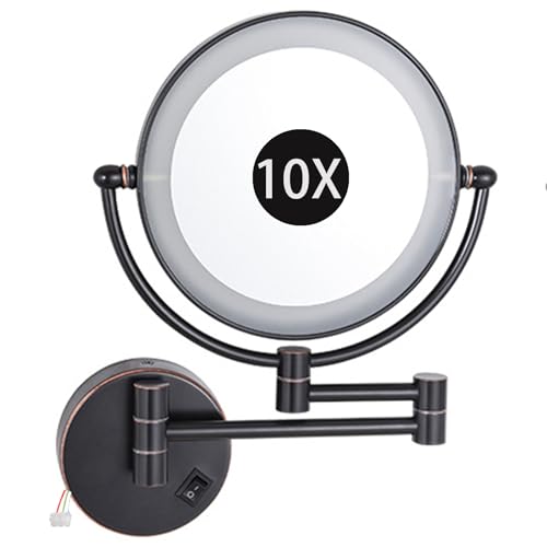 8" Wall Mounted Lighted Makeup Mirror, Hardwired Double Sided LED Magnifying Extended Arm 360° Swivel Bathroom Vanity Mirror,Oil Rubbed Bronze,10X - color: Oil Rubbed Bronze, size: 10X