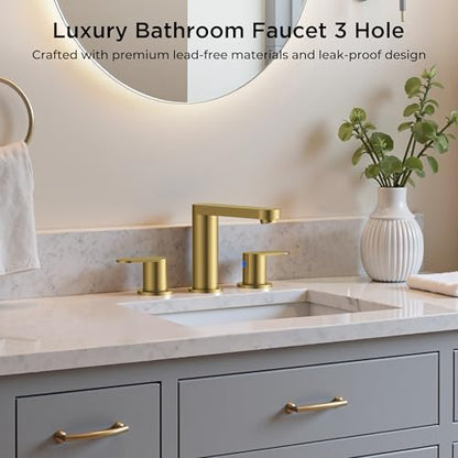 QFN Bathroom Faucet 3 Hole 8" Widespread Vanity Sink Faucet Brushed Gold | 304 Stainless Steel Bathroom Sink Faucet with Pop-up Drain, 6-12 Inch 3 Hole Install, for RV Laundry Farmhouse Restroom Sink - color: Brushed Gold, style: Round