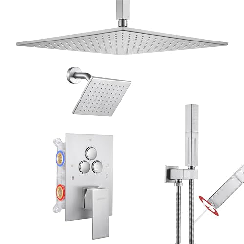 VANFOXLE Rain Shower System Brushed Nickel Shower Faucet Set, High Pressure | Push Button Diverter, 12 Inch Ceiling Mount Rain Head Increased Thick, 6 Inch Side Head, 2-in-1 Handheld Sprayer - color: Brushed Nickel, style: 12"+6" Head