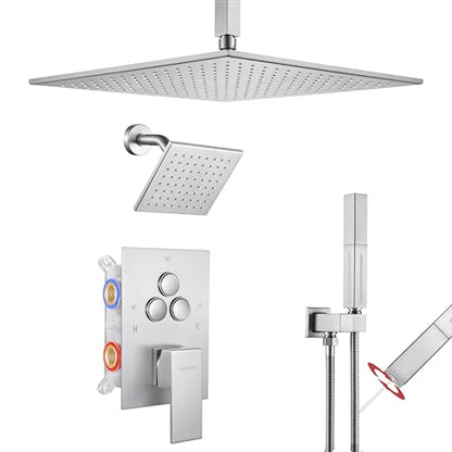 VANFOXLE Rain Shower System Brushed Nickel Shower Faucet Set, High Pressure | Push Button Diverter, 12 Inch Ceiling Mount Rain Head Increased Thick, 6 Inch Side Head, 2-in-1 Handheld Sprayer - color: Brushed Nickel, style: 12"+6" Head