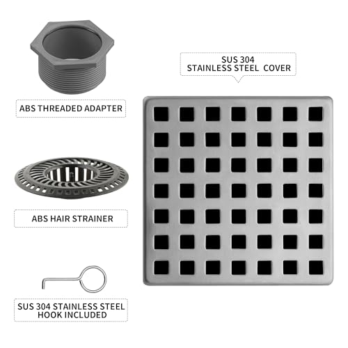 4 Inch Square Shower Drain, 304 Stainless Steel Cover Panel with ABS Frame, Removable Quadrato Pattern Grate with Hair Catcher, CUPC Certified, Brushed Nickel