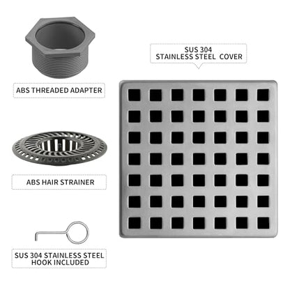 4 Inch Square Shower Drain, 304 Stainless Steel Cover Panel with ABS Frame, Removable Quadrato Pattern Grate with Hair Catcher, CUPC Certified, Brushed Nickel