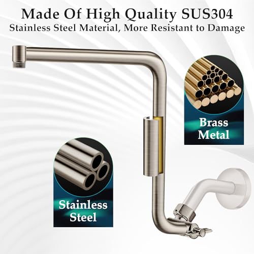 Rain Shower Head Extension Arm, Upgrade 12 Inch Metal Shower Extend Arm, Height/Angle Adjustable Curved Showerhead Extender with 1/2 Universal Connection, Flexible Rise or Lower Shower Head Nickel - color: Nickel