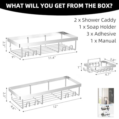Moforoco 3-Pack Shower Caddy Basket Shelf with Soap Holder, No Drilling Traceless Adhesive Shower Wall Shelves, Rustproof Black Bathroom Shower Storage Organizer - color: Silver