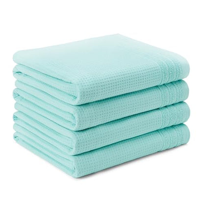 TOWN & COUNTRY BASICS 4-Piece Waffle Woven Terry Stripe Bath Towel Set, 30x56-Inch, 100% Cotton, Quick Dry, Aqua - color: Mint Blue