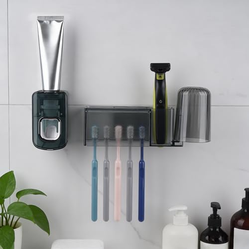5 Slots Wall Mount Toothbrush Holder with Cover, Self Adhesive Toothbrush Storage Organizer for Shower, Toothbrush Cup Hanger with Automatic Toothpaste Squeezer Dispenser - color: Gray Combination