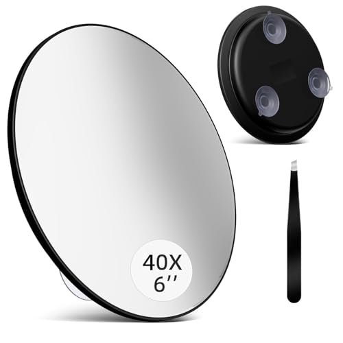 Large 6" 40x Strong Powerful Magnifying Mirror with Tweezers, Travel Magnified Mirrors 40X with Suction Cups, High Magnification Round Magnification Make up Mirror Nearly 50x - color: Black--40x
