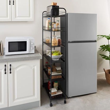 Slim Rolling Storage Cart, 6 Tier Utility Carts with Wheels and Baskets, Mobile Shelving Unit, Metal Wire Storage Shelving Rack with for Kitchen Bathroom Office Laundry Narrow Space - Black 10in