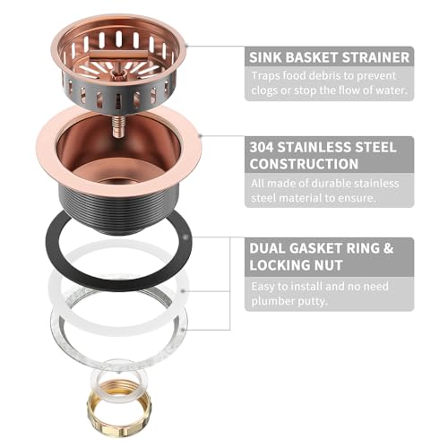 KONE Copper Sink Drain 3.5 Inch Kitchen Sink Drain Assembly Stainless Steel Sink Strainer Sink Stopper Antique Copper Basket Strainer for 3-1/2 Inch Commercial Kitchen Sink - color: Antique Copper