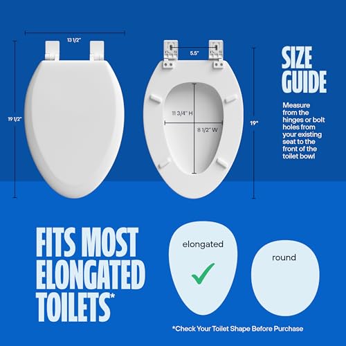 HIGHCRAFT Premium Elongated Toilet Seat with Slow-Close Design & Adjustable Hinges - Molded Wood Toilet Seat - Fits Standard Elongated Toilets - Oval Seat in White - color: White, size: Elongated