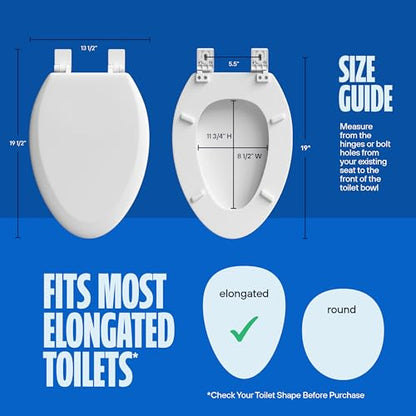 HIGHCRAFT Premium Elongated Toilet Seat with Slow-Close Design & Adjustable Hinges - Molded Wood Toilet Seat - Fits Standard Elongated Toilets - Oval Seat in White - color: White, size: Elongated