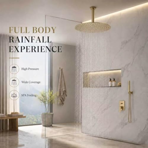 16 Inch Rainfall Shower Head, BSTIIU Stainless Steel Round Shower Head, Extra Large Ceiling Mount Shower Heads, Brushed Gold - color: Brushed Gold, size: 16-Inches, style: Round