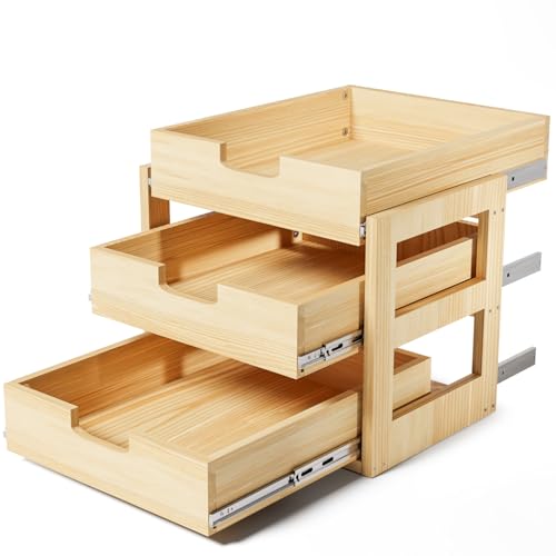 Pull Out Cabinet Organizer, 17''W×21''D Sliding Drawers for Cabinets, 3 Tier Soft Close Slide Out Wooden Pull out Drawers, Base Cabinet Organization for Kitchen, Pantry, Bathroom - color: 3-Tier/19''H, size: 17''W×21''D