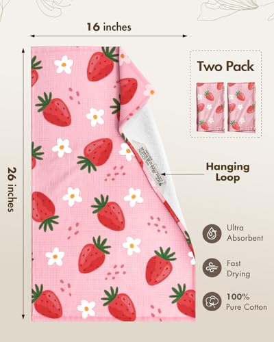 2pcs Cotton Waffle Kitchen Towels, Strawberry | Waffle Weave, Terry Cloth, Pure Cotton, Sustainable, 16"x26", Highly Absorbent, with Hanging Loop, Giftable Package - color: Strawberry