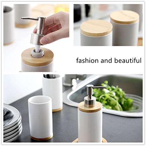 4-Piece White Ceramic Bathroom Accessories Set Includes Lotion Soap Dispenser Pump, Toothbrush Holder, Tumblers and Bamboo Tray, Modern Bathroom Accessories Set Complete - style: White
