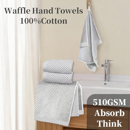 VOOVA & MOVAS 100% Cotton Waffle Large Hand Towels 4PC – Luxury Hand Towels with Hanging Loop 20"x30" | Soft | Absorb | Quick Dry | Lightweight, Durable Bathroom Essentials, White and Gray Waffle - color: White + Gray, size: 4PC Hand Towels