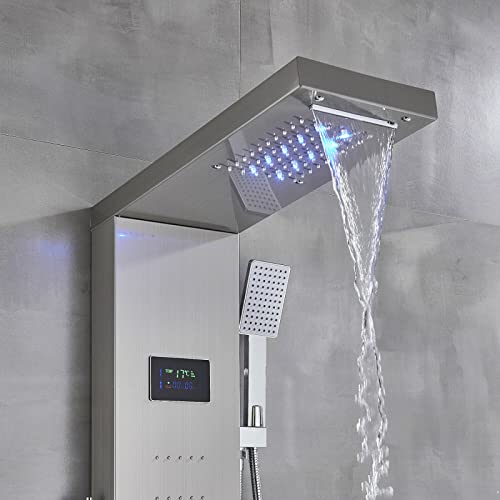 LED Light Shower Panel Tower Rainfall Waterfall Shower Head with Massager Jets Body System Jet