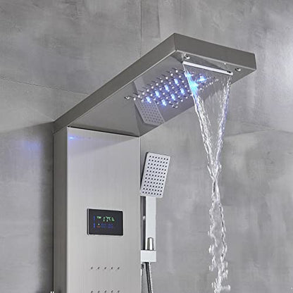 LED Light Shower Panel Tower Rainfall Waterfall Shower Head with Massager Jets Body System Jet Black B (Color : Brushed Nickel C) - color: Brushed Nickel C