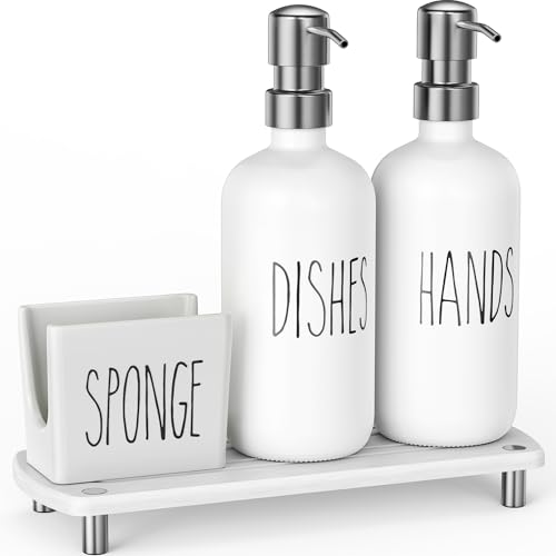 Cisily Kitchen Soap Dispenser Set Comes with Ceramics Sponge Holder, Gold Pumps, and Instant Dry Tray, Hand and Dish Soap Dispenser Set (4, Silver + White + Sponge Holder) - color: Silver + White + Sponge Holder