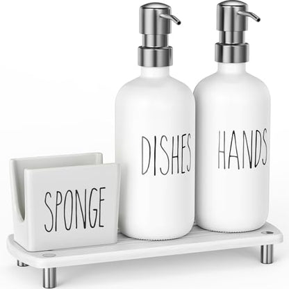 Cisily Kitchen Soap Dispenser Set Comes with Ceramics Sponge Holder, Gold Pumps, and Instant Dry Tray, Hand and Dish Soap Dispenser Set (4, Silver + White + Sponge Holder) - color: Silver + White + Sponge Holder