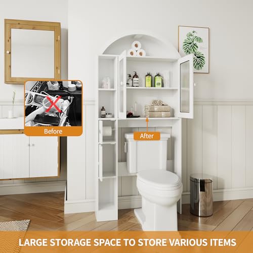 Over The Toilet Storage,Arched Wooden Over The Toilet Storage Organizer with Double Doors,Multiple Compartments and Open Shelves,Anti-tip Device,Space Saving (Toilet cabinet-white-01)