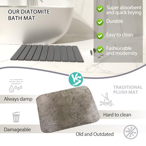 Foldable Stone Bath Mat 60x39cm | Quick-Dry Diatomaceous Earth Bath Rug with PVC Anti-Slip Base | Bathroom, Kitchen, Pet-Friendly Water Absorbent Mat - color: Grey