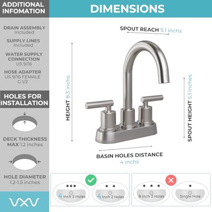 VXV Bathroom Sink Faucet 4 Inch 2 Handle Centerset Modern 360 Rotating Brushed Nickel Water Faucet with Pop-up Drain Stopper Assembly Supply Line Fits 2 Hole - color: Brushed Nickel