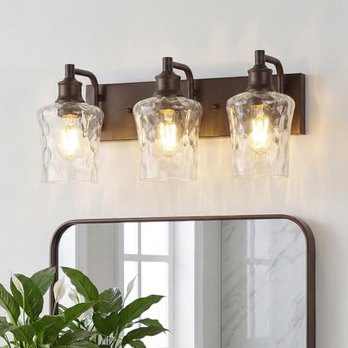 Bathroom Light Fixtures Farmhouse Oil Rubbed Bronze Vanity Lights for Bathroom Lighting Fixtures Over Mirror with Hammered Glass Lampshade for Cabinet Mirror Bedroom Hallway 3 Light - color: Oil-Rubbed Bronze, size: 3 Lights