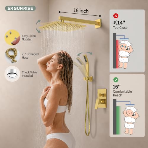 SR SUN RISE 12 Inches Bathroom Luxury Rain Mixer Shower Combo Set Wall Mounted Rainfall Shower Head System Brushed Nickel Finish Shower Faucet Rough-In (12 Inch, Brushed Gold) - color: Brushed Gold, size: 12 Inch